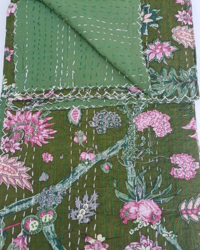 Bedspread Queen (Kantha) Screen Print Gudari (2 layer) - Olive Floral