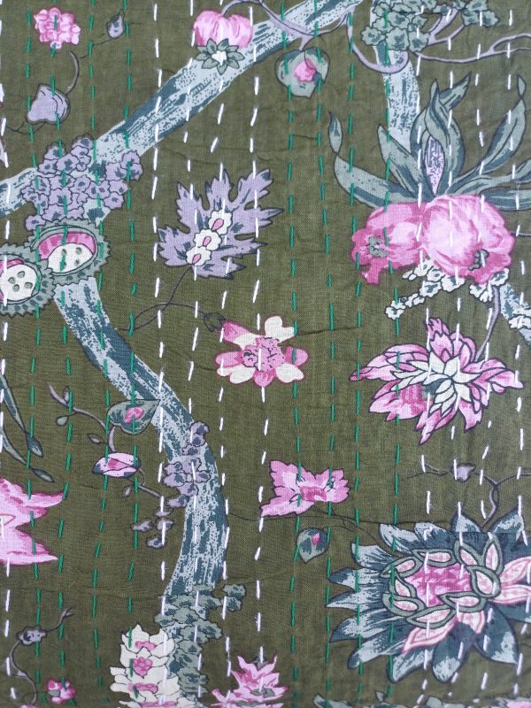 Bedspread Queen (Kantha) Screen Print Gudari (2 layer) - Olive Floral - Image 2