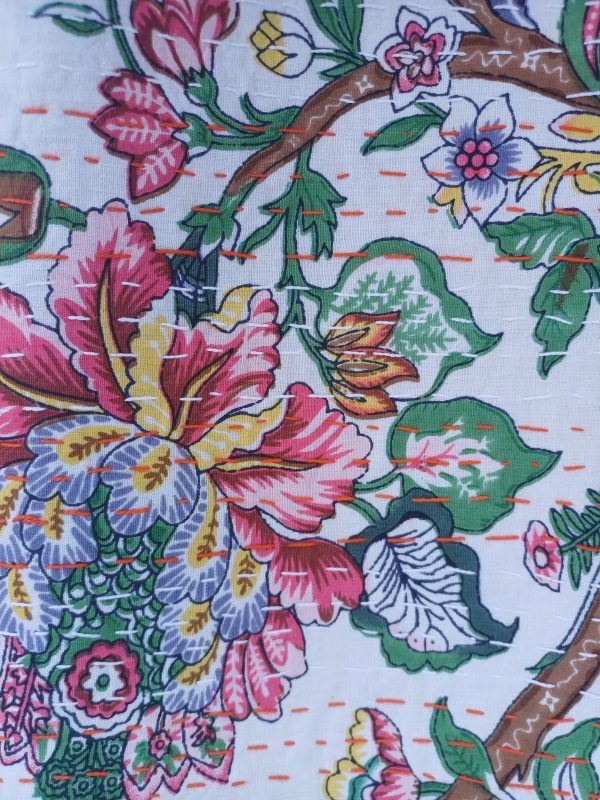 Bedspread Single (Kantha) Screen Print Gudari (2 layer) - Cream Floral - Image 3