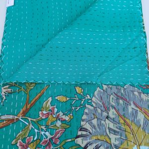 Bedspread Queen (Kantha) Screen Print Gudari (2 layer) - Turquoise Floral