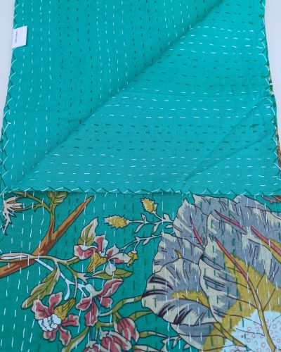 Bedspread Queen (Kantha) Screen Print Gudari (2 layer) - Turquoise Floral