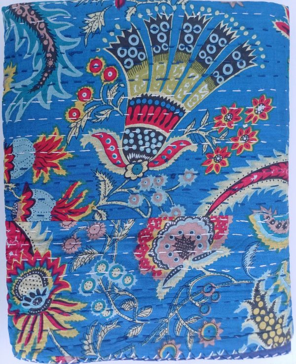 Bedspread Queen (Kantha) Screen Print Gudari (2 layer) - Dark Blue Floral - Image 3