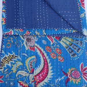 Bedspread Queen (Kantha) Screen Print Gudari (2 layer) - Dark Blue Floral