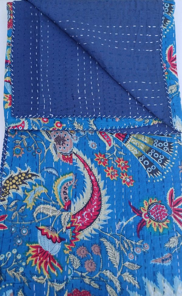 Bedspread Queen (Kantha) Screen Print Gudari (2 layer) - Dark Blue Floral