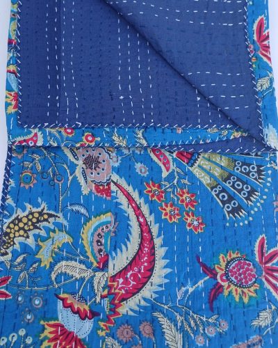 Bedspread Single (Kantha) Screen Print Gudari (2 layer) - Dark Blue Floral