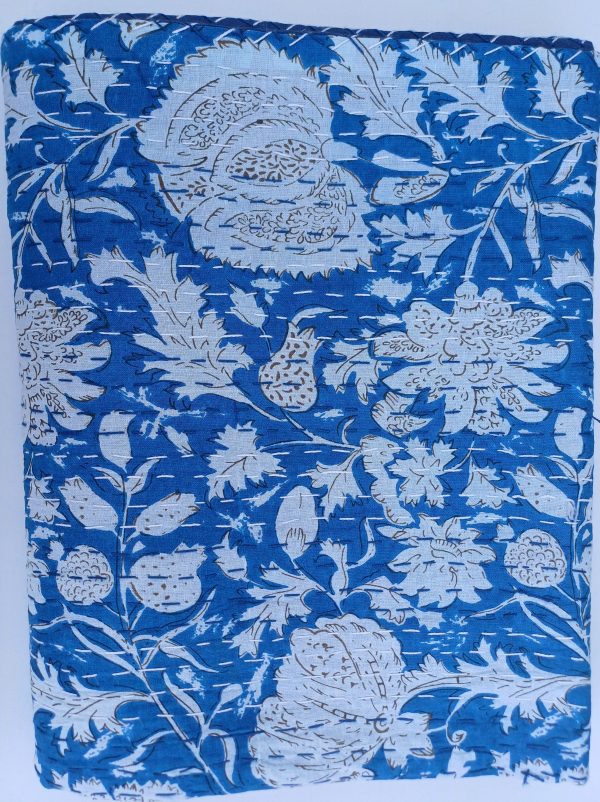 Bedspread Single (Kantha) Screen Print Gudari (2 layer) - Blue White - Image 2
