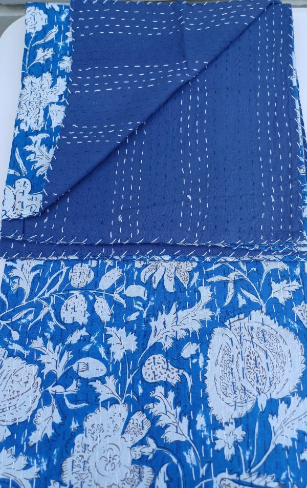 Bedspread Queen (Kantha) Screen Print Gudari (2 layer) - Blue White - Image 3