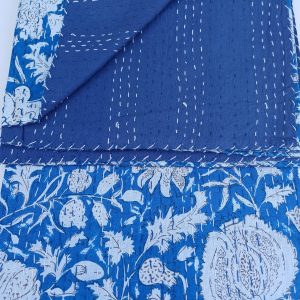 Bedspread Single (Kantha) Screen Print Gudari (2 layer) - Blue White