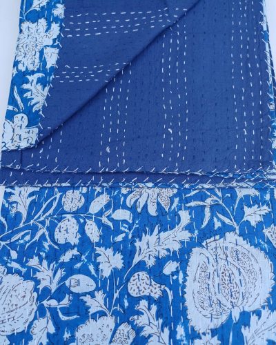 Bedspread Single (Kantha) Screen Print Gudari (2 layer) - Blue White