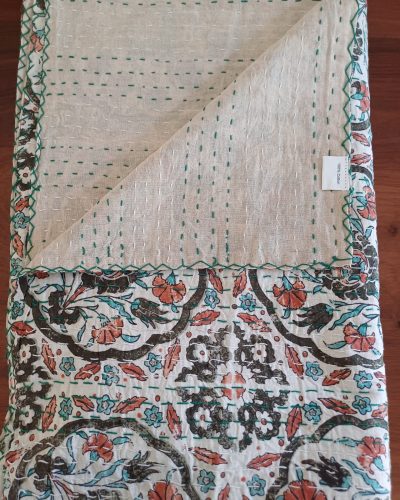 Bedspread Queen (Kantha) Screen Print Gudari (2 layer) - Cream Ornate