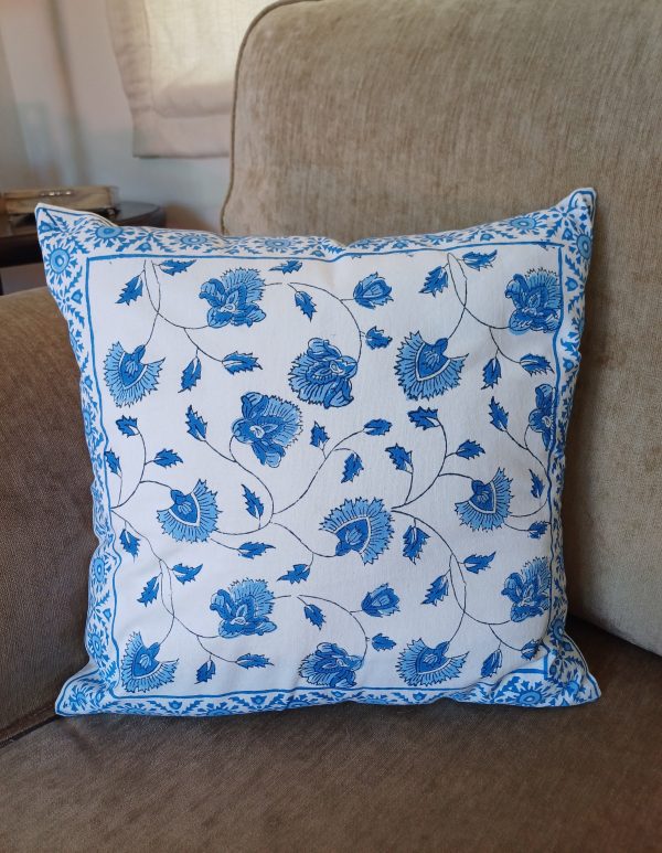 Cushion Cotton Cover Block Print Rapit - White with Blue - Image 2