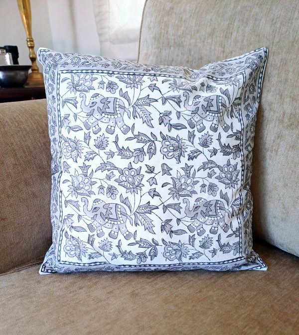 Cushion Cotton Cover Block Print Rapit - White with Grey Elephant - Image 2