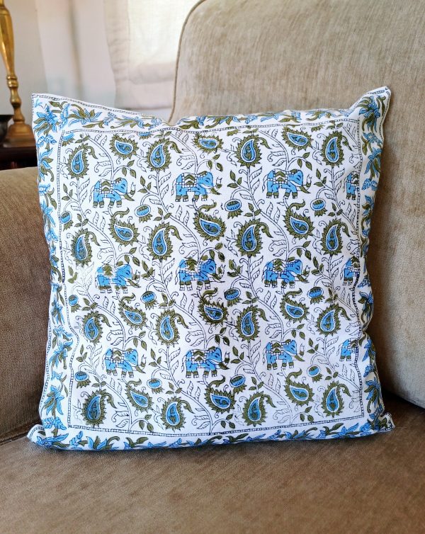 Cushion Cotton Cover Block Print Rapit - Blue / Green - Image 2
