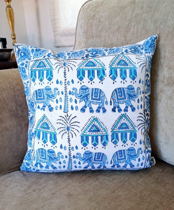 Cushion Cotton Cover Block Print Rapit - Blue Elephant - Image 2