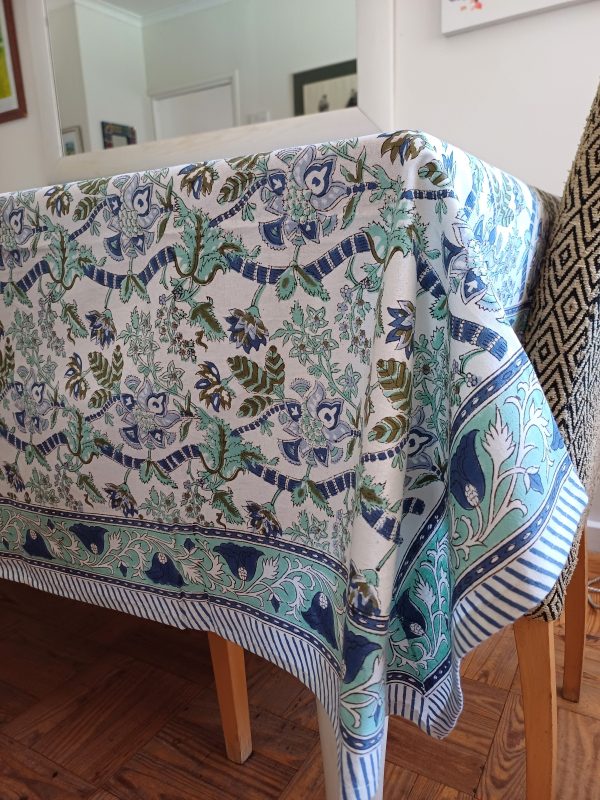 Table Cover Green Teal Blue Block Print Mughal - 8 seater - Size: 150cm x 220cm - Image 2
