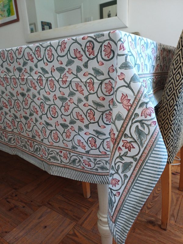 Table Cover Dusty Pink Floral Block Print Mughal - 6 seater - Size: 130cm x 180cm - Image 2