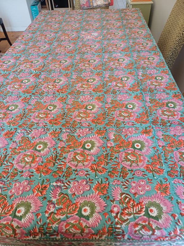 Table Cover Red Pink Teal Block Print Mughal - 8 seater - Size: 150cm x 220cm - Image 3