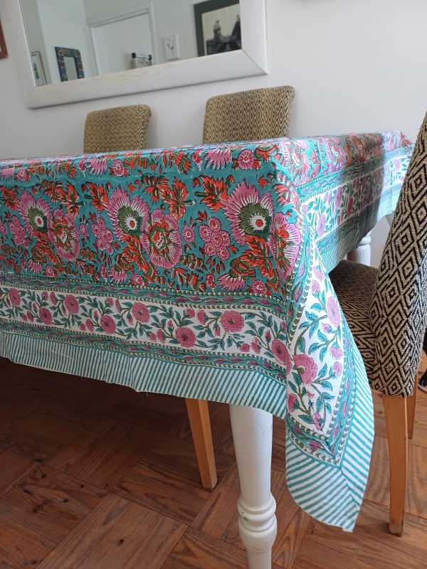 Table Cover Red Pink Teal Block Print Mughal - 8 seater - Size: 150cm x 220cm - Image 2