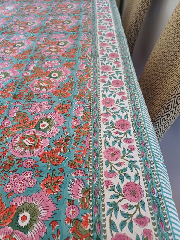 Table Cover Red Pink Teal Block Print Mughal - 8 seater - Size: 150cm x 220cm - Image 4