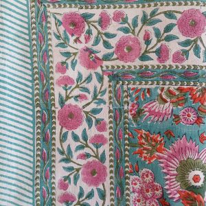 Table Cover Red Pink Teal Block Print Mughal - 6 seater - Size: 130cm x 180cm