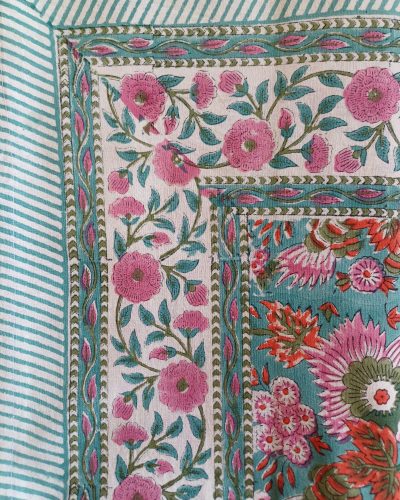 Table Cover Red Pink Teal Block Print Mughal - 6 seater - Size: 130cm x 180cm