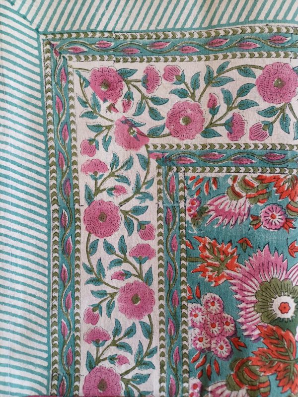 Table Cover Red Pink Teal Block Print Mughal - 8 seater - Size: 150cm x 220cm