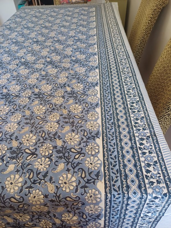 Table Cover Blue Floral Block Print Mughal - 8 seater - Size: 150cm x 220cm - Image 4
