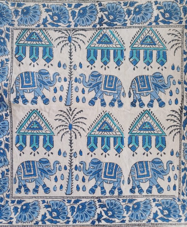 Cushion Cotton Cover Block Print Rapit - Blue Elephant