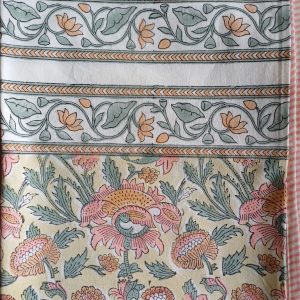 Table Cloth Yellow pink Block Print Mughal - 6 seater - Size: 150cm x 150cm