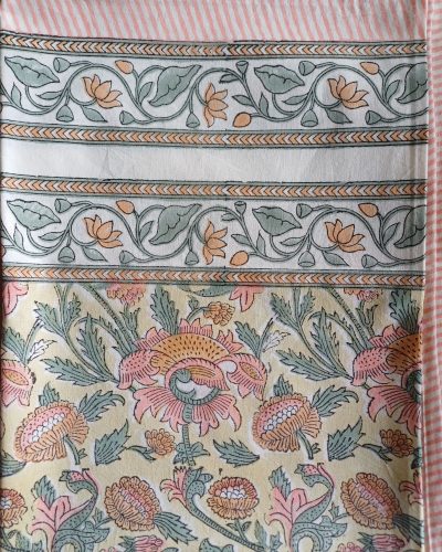 Table Cloth Yellow pink Block Print Mughal - 6 seater - Size: 150cm x 150cm