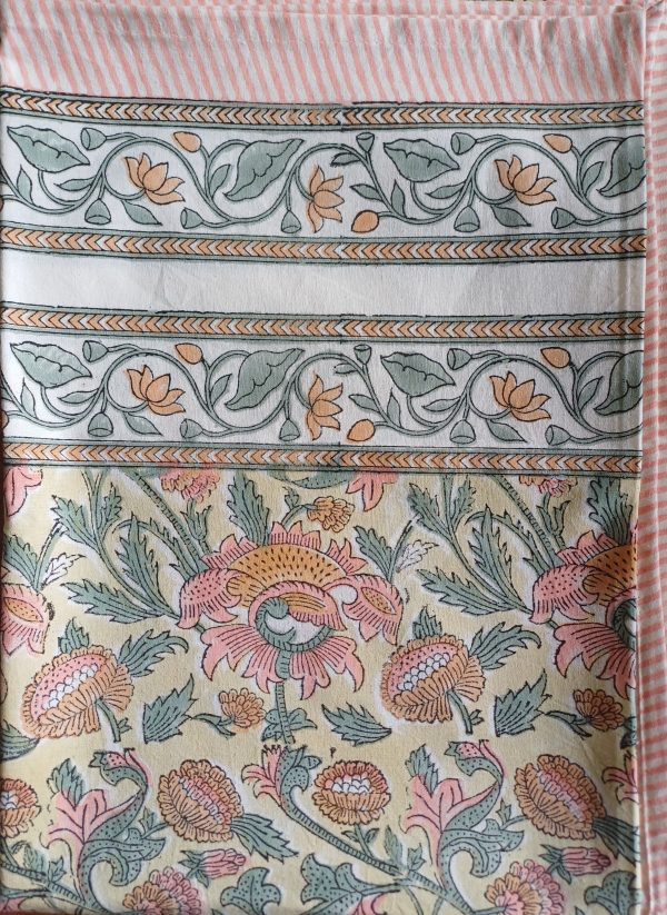 Table Cloth Yellow pink Block Print Mughal - 6 seater - Size: 150cm x 150cm