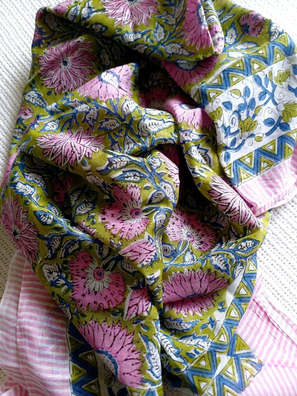Cotton Scarf Pink Green Floral - Image 3