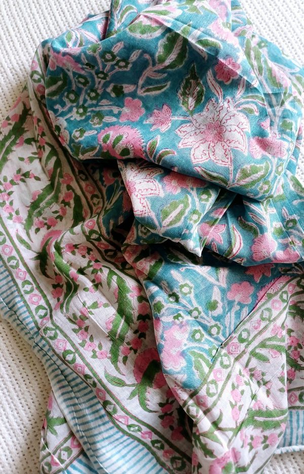 Cotton Scarf Pink Turquoise Floral - Image 2