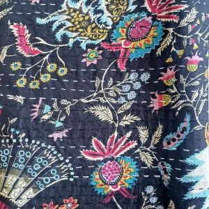 Bedspread Single (Kantha) Screen Print Gudari (2 layer) - Black Floral