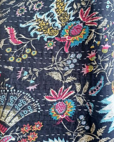 Bedspread Single (Kantha) Screen Print Gudari (2 layer) - Black Floral