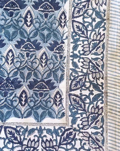 Table Cover Dark Blue white Ornate Block Print Mughal - 6 seater - Size: 130cm x 180cm