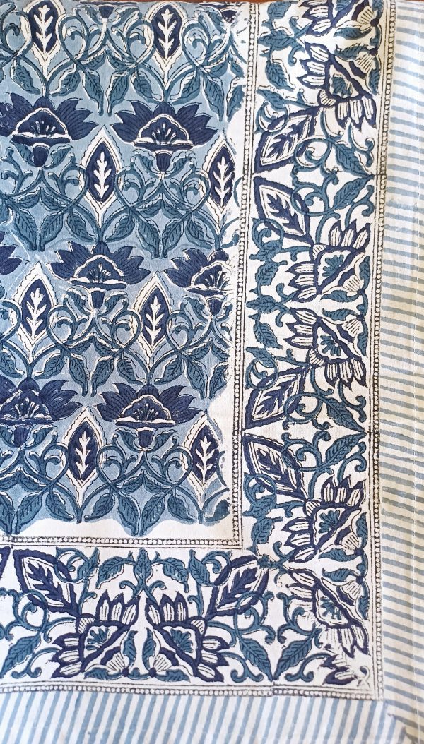 Table Cover Dark Blue white Ornate Block Print Mughal - 6 seater - Size: 130cm x 180cm