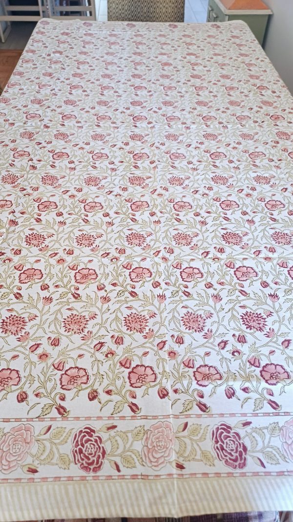 Table Cover Light Cream Pink floral Block Print Mughal - 6 seater - Size: 130cm x 180cm - Image 4