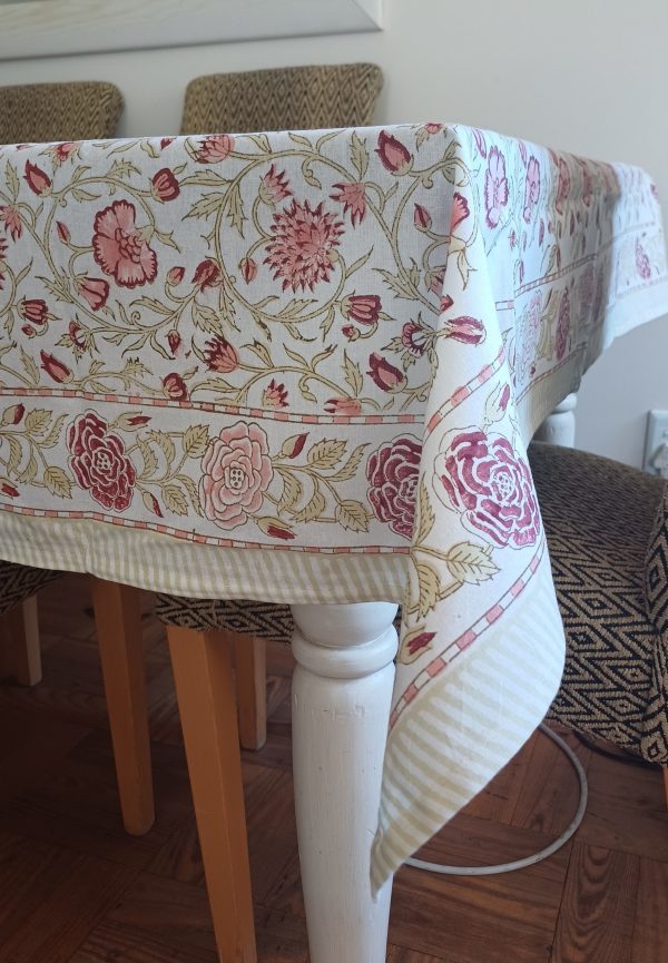 Table Cover Light Cream Pink floral Block Print Mughal - 6 seater - Size: 130cm x 180cm - Image 2