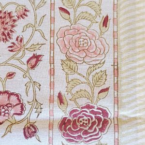 Table Cover Light Cream Pink floral Block Print Mughal - 6 seater - Size: 130cm x 180cm
