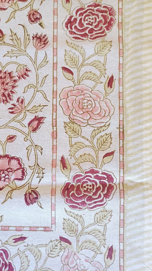 Table Cover Light Cream Pink floral Block Print Mughal - 6 seater - Size: 130cm x 180cm