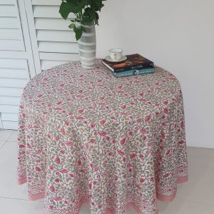 Round Cotton Table Cloth - Green leafy Pink Floral