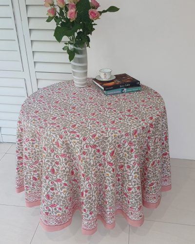 Round Cotton Table Cloth - Green leafy Pink Floral
