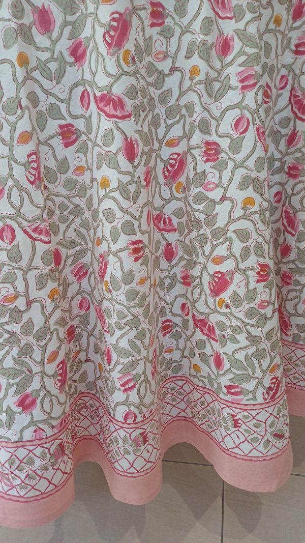 Round Cotton Table Cloth - Green leafy Pink Floral - Image 2