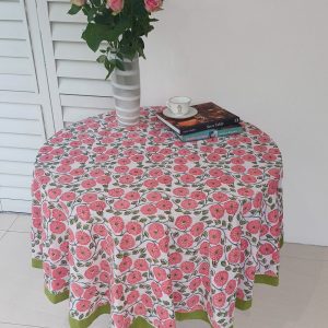 Round Cotton Table Cloth - Big Pink Floral white background