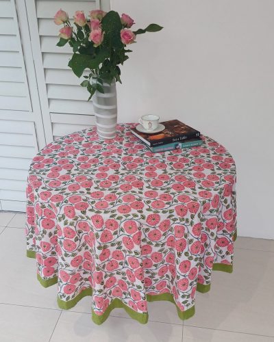 Round Cotton Table Cloth - Big Pink Floral white background