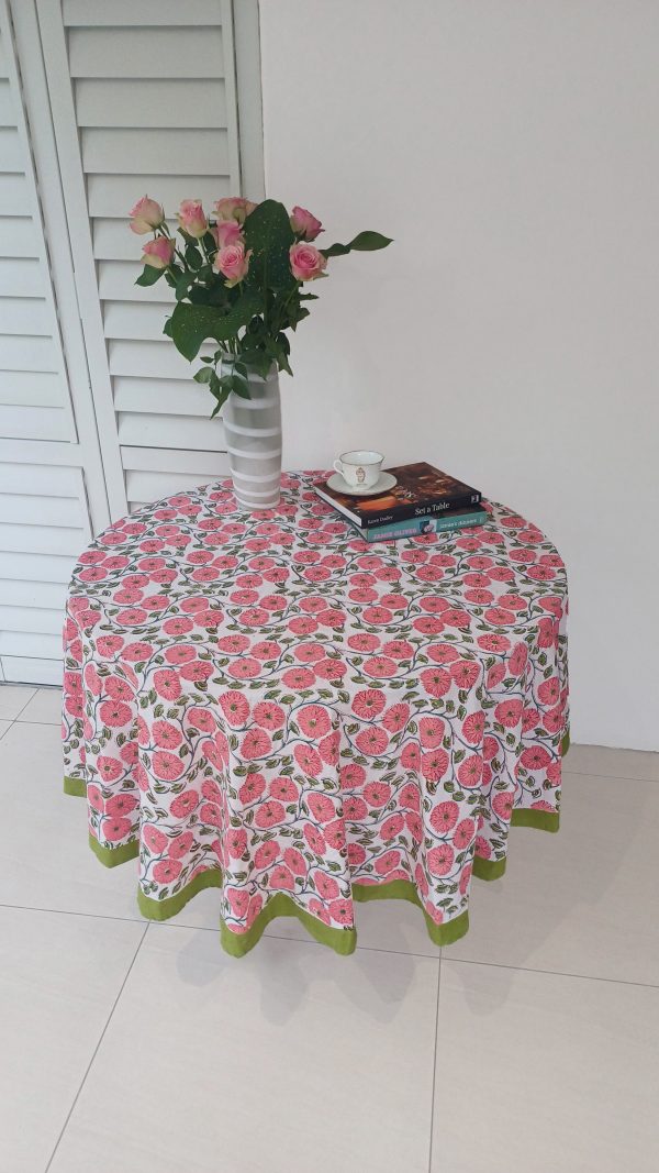 Round Cotton Table Cloth - Big Pink Floral white background