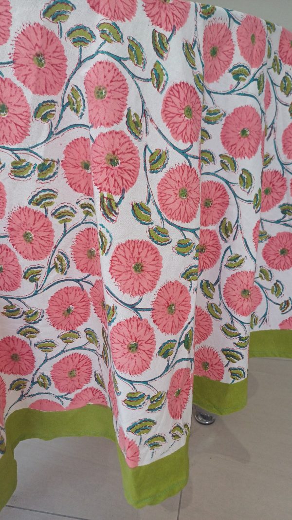 Round Cotton Table Cloth - Big Pink Floral white background - Image 2