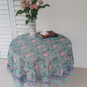 Round Cotton Table Cloth - Turquoise Pink Floral
