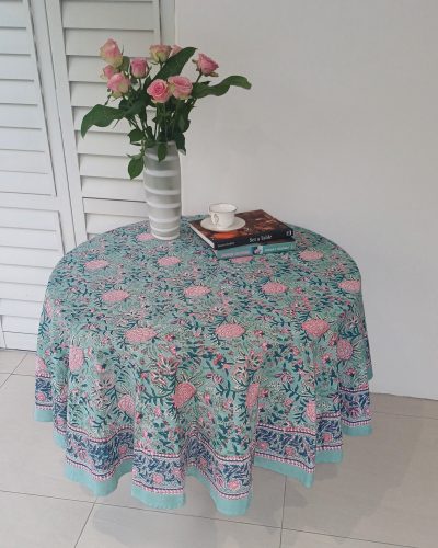 Round Cotton Table Cloth - Turquoise Pink Floral